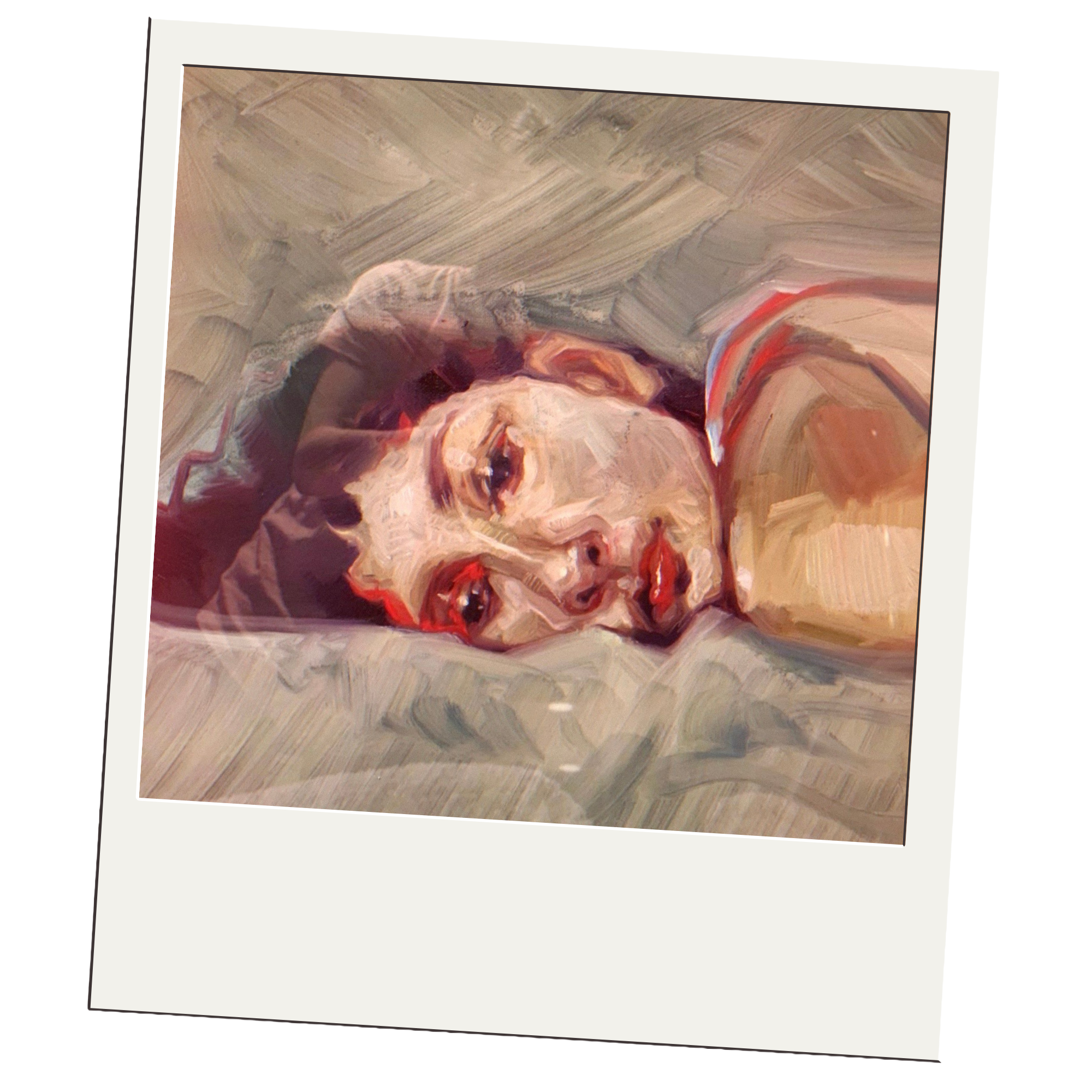 Polaroid-style photo of flowering branches against the sky