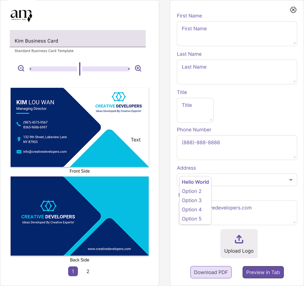 Original Architect Mini business card editor interface design