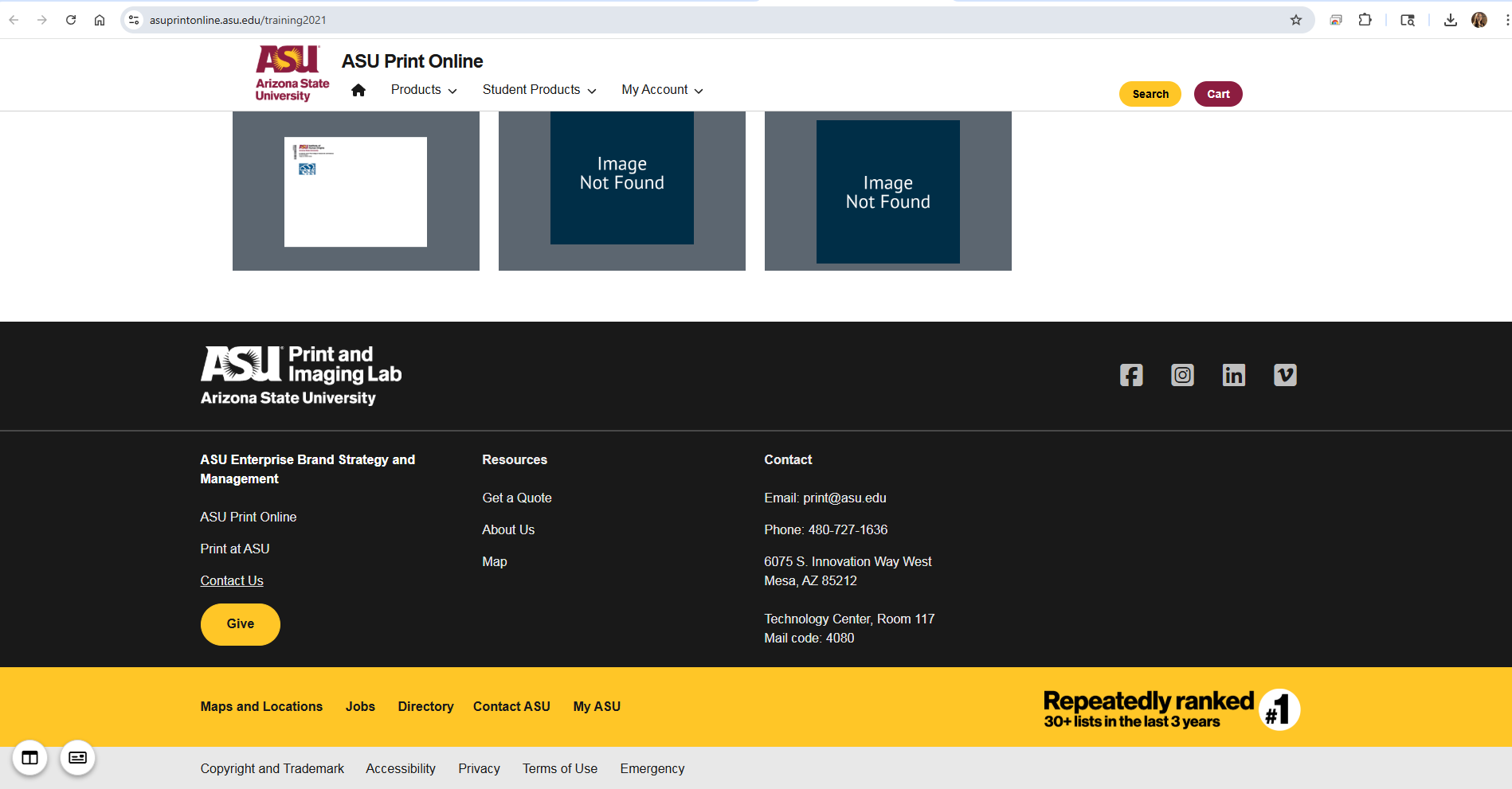 ASU Print Online page showing desktop header and footer system together