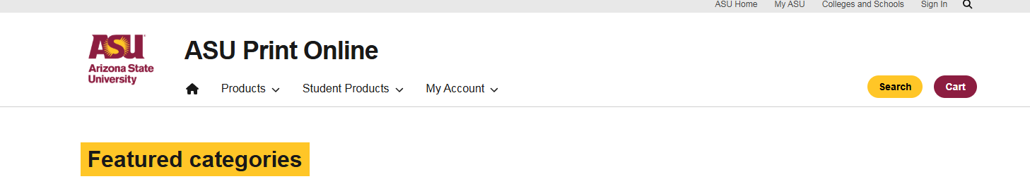 ASU Print Online mid-width desktop navigation layout