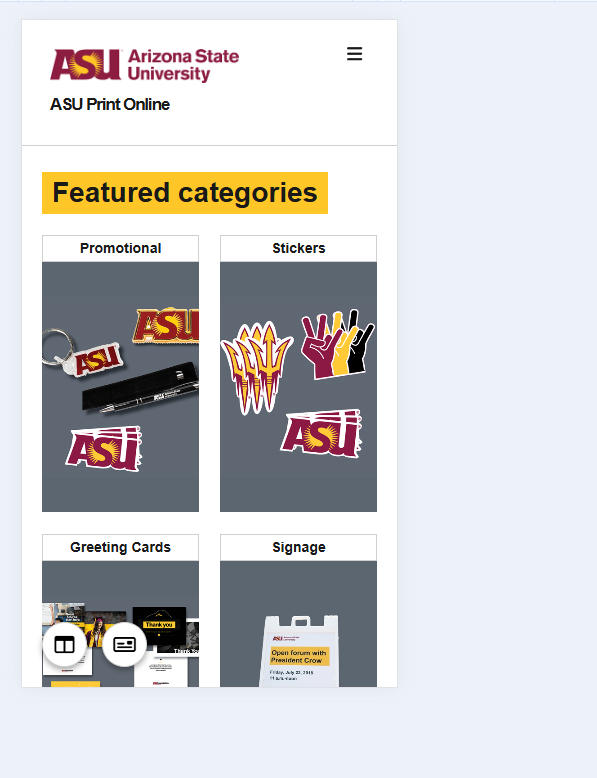 ASU Print Online mobile layout after responsive category grid fix