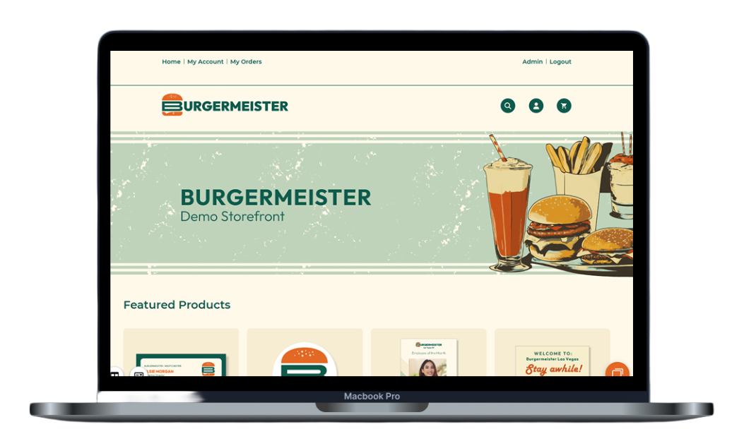 Burgermeister demo storefront homepage shown on a laptop