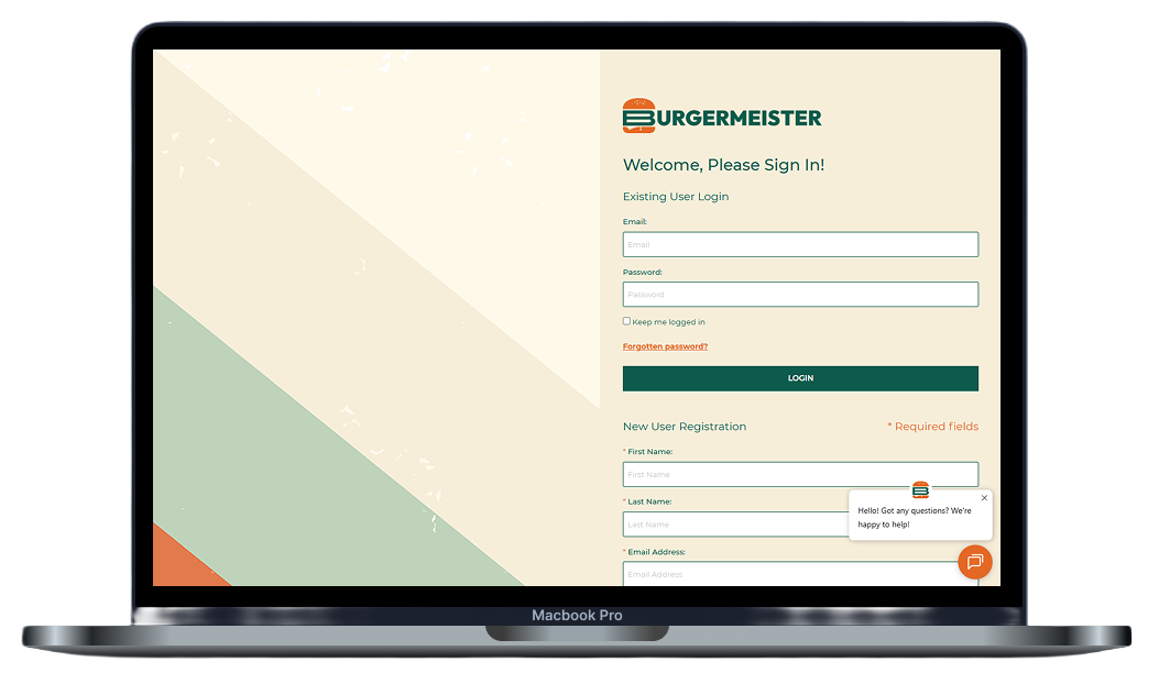 Burgermeister branded login page shown on a laptop