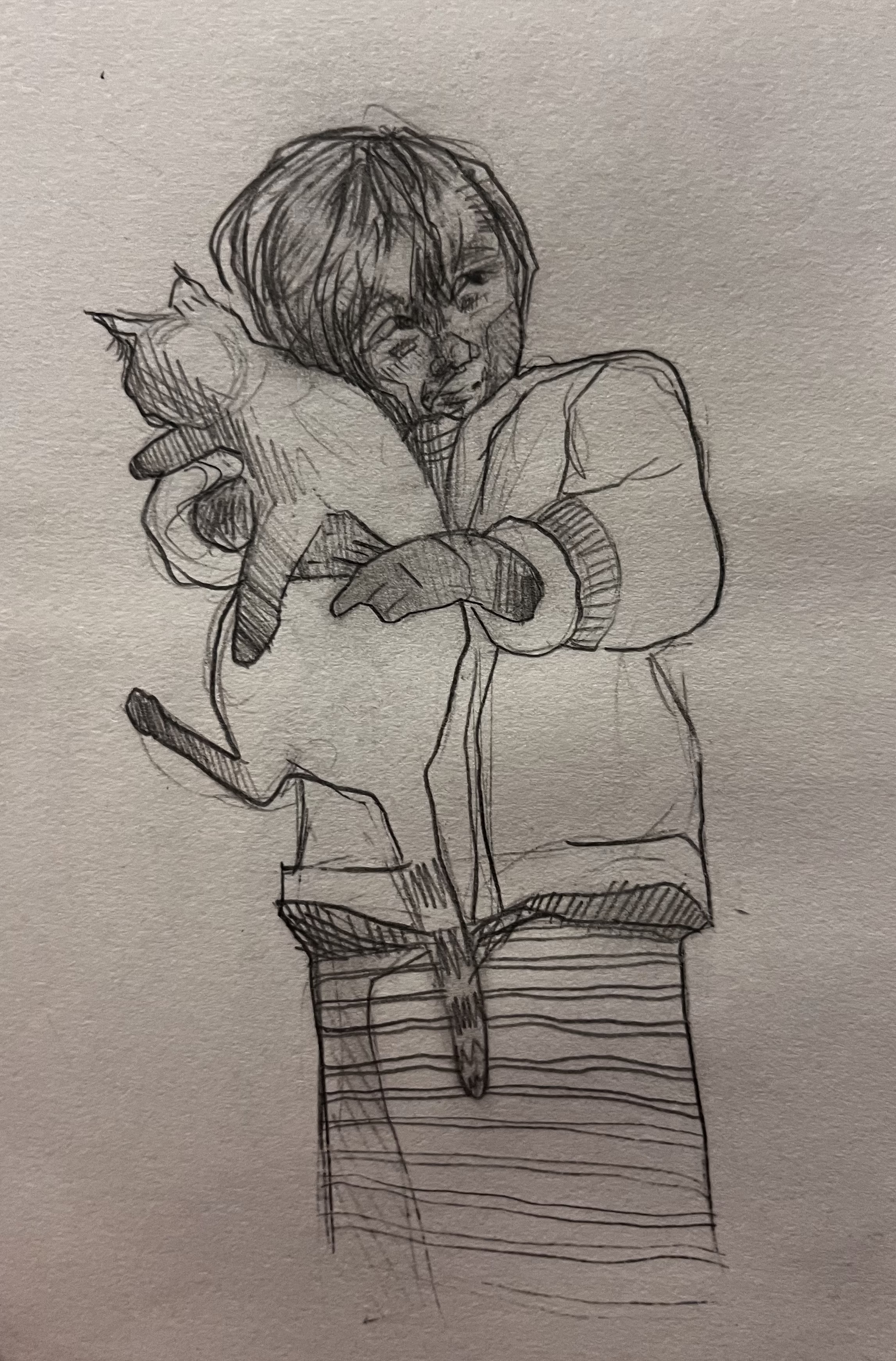 Graphite pencil drawing of a child holding a cat