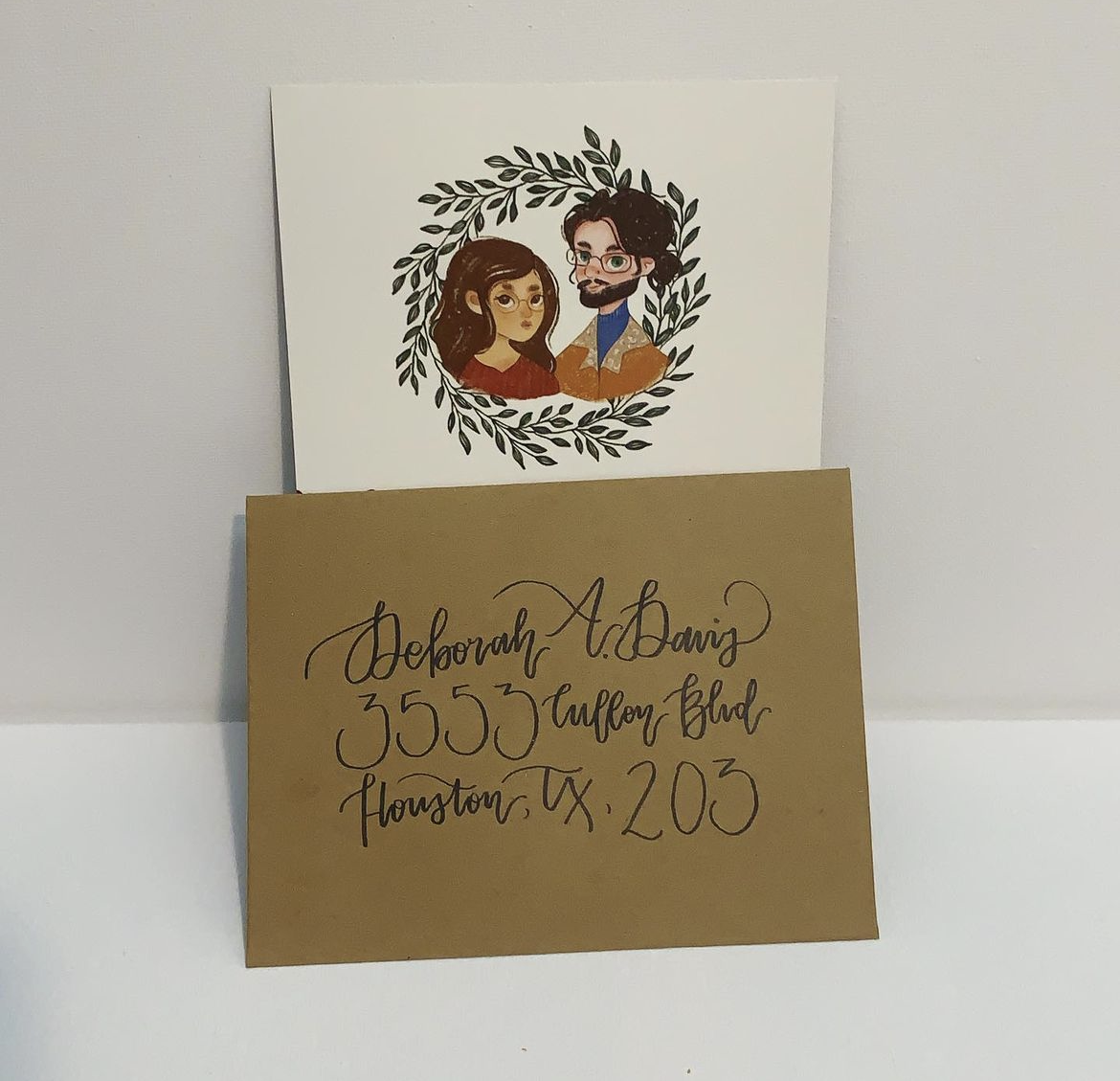 Wedding invitation illustration and envelope design created in Procreate