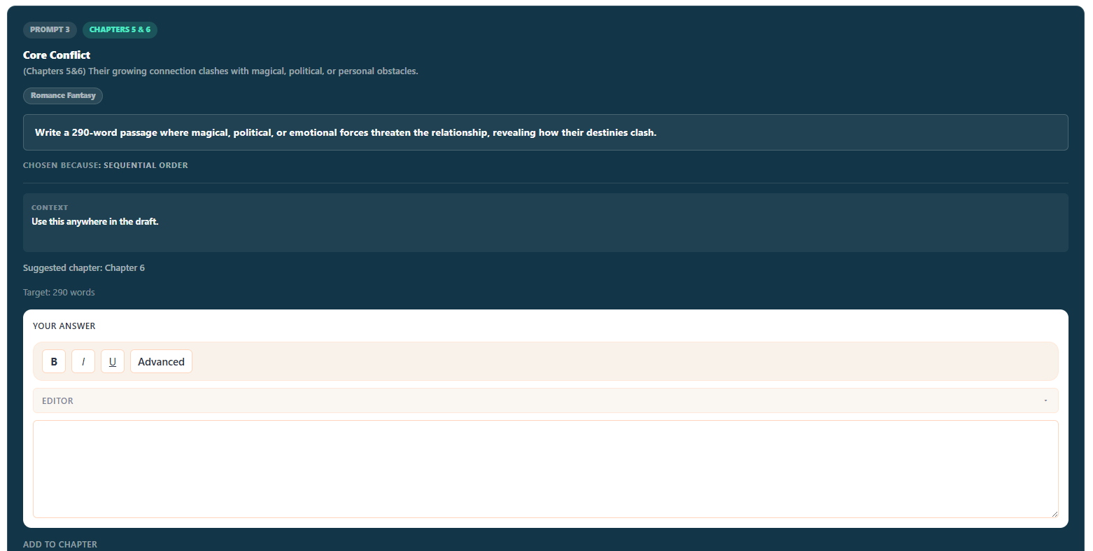 Inkbug writing challenges view showing prompts and rich text editor