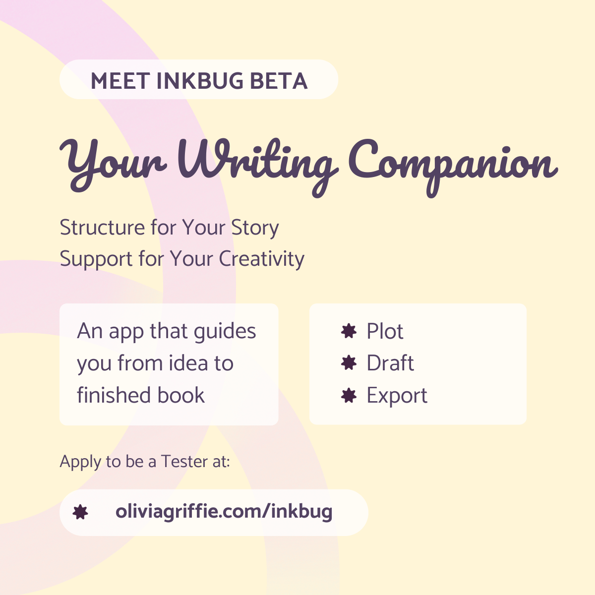 Inkbug Beta informational promo graphic featuring the app identity and writing companion message