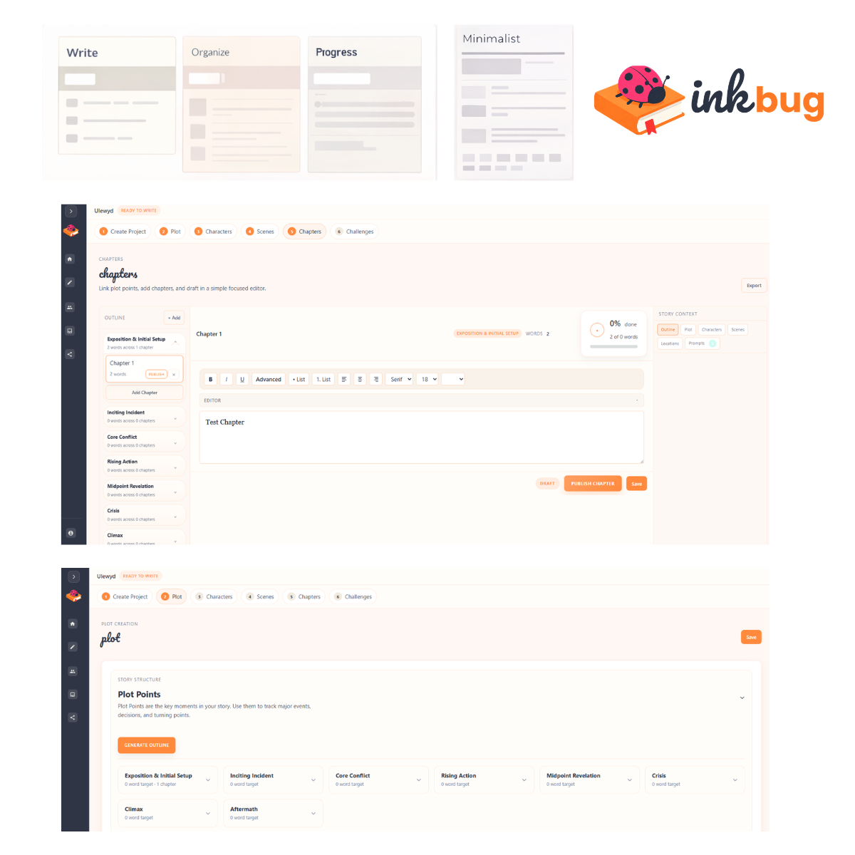 Inkbug wireframes and interface explorations showing writing workflow layouts and screen iterations