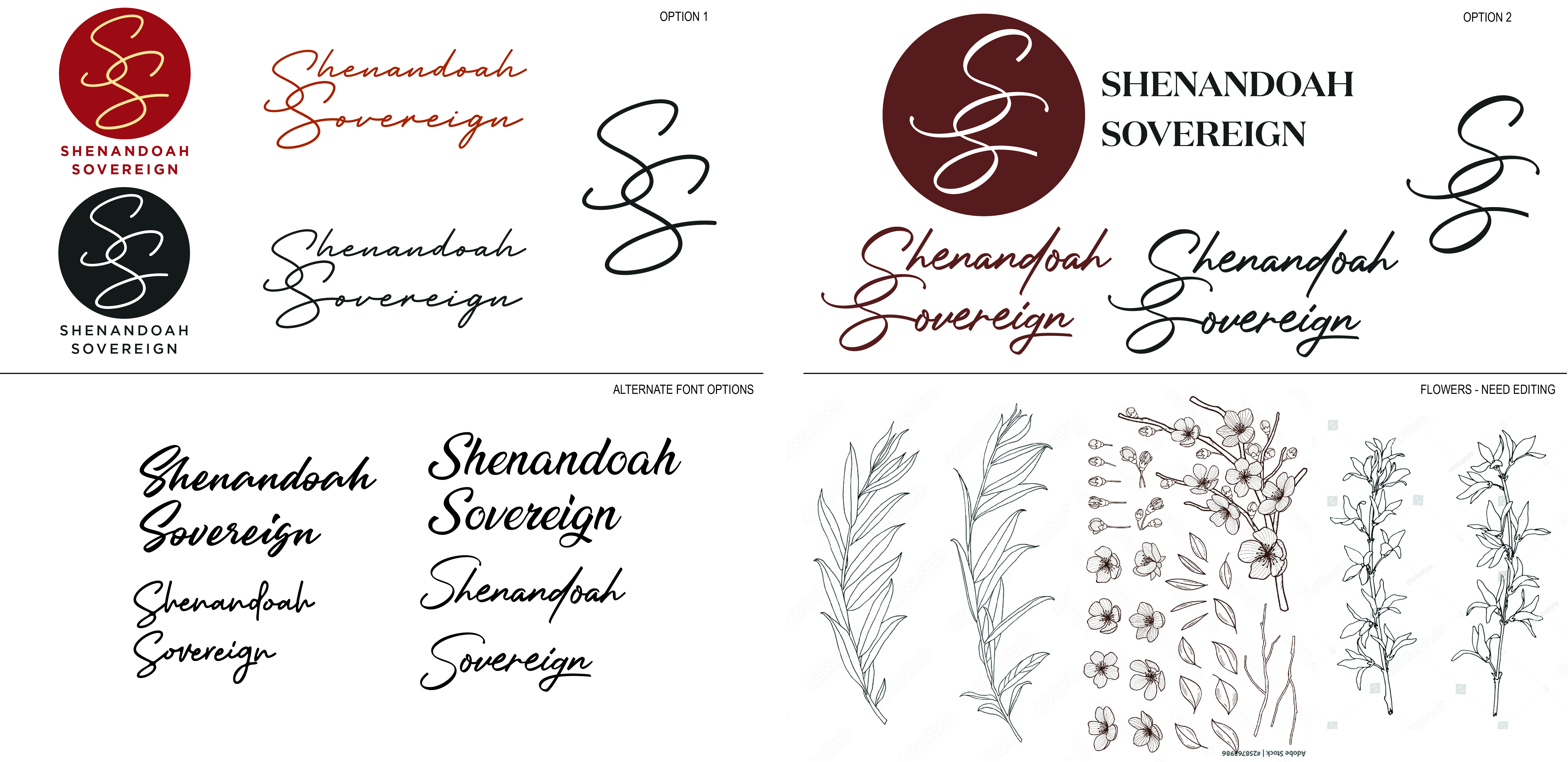 Shenandoah Sovereign concept board showing two logo directions and alternate floral assets